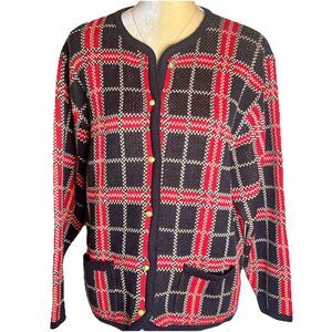 VTG Crystal-Kobe Red Black Plaid Gold Button Long Sleeve Knit Cardigan Sz Large